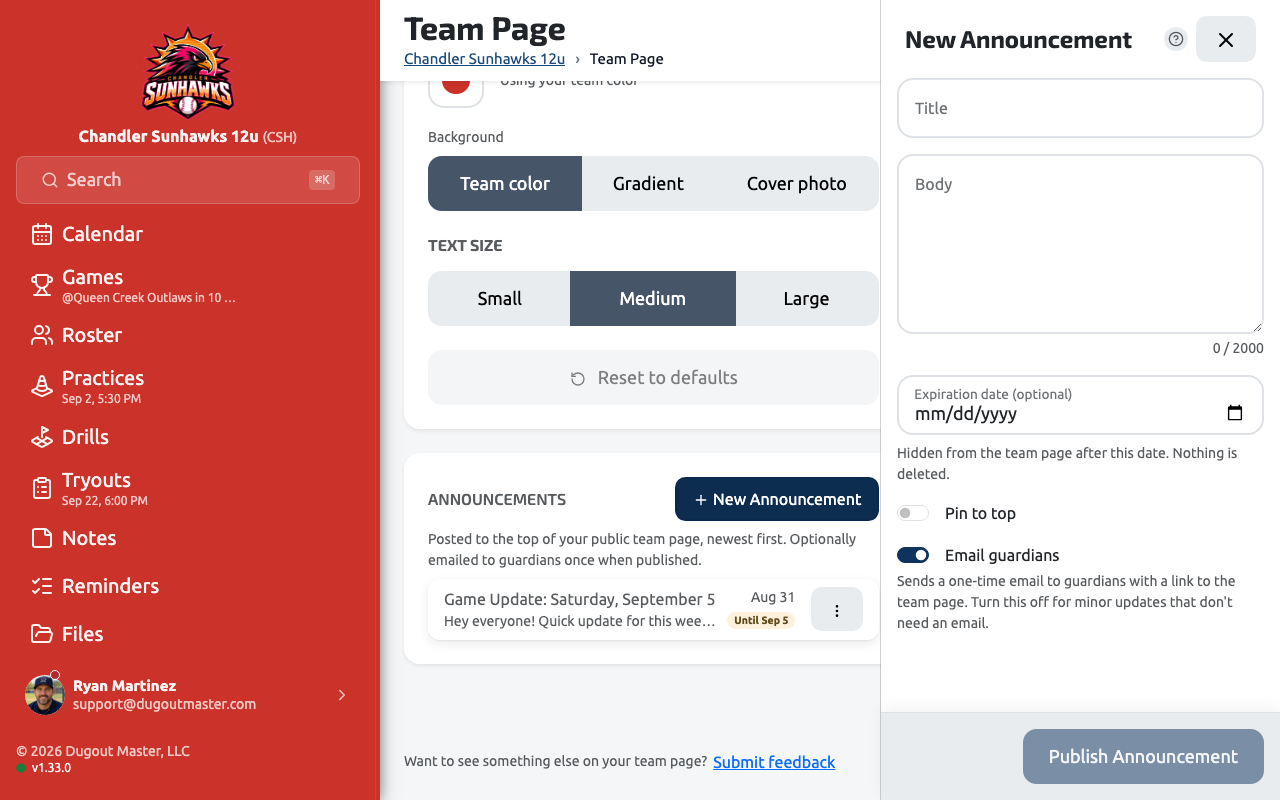 The announcement composer, with the audience and publish controls