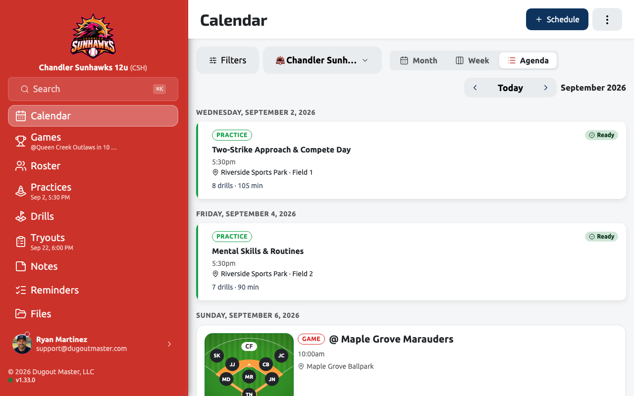 The Agenda view, listing every upcoming game day by day