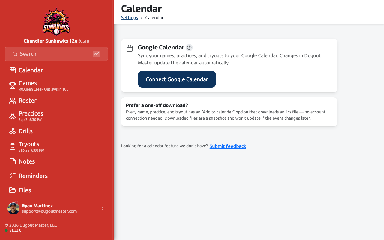 The calendar sync settings screen