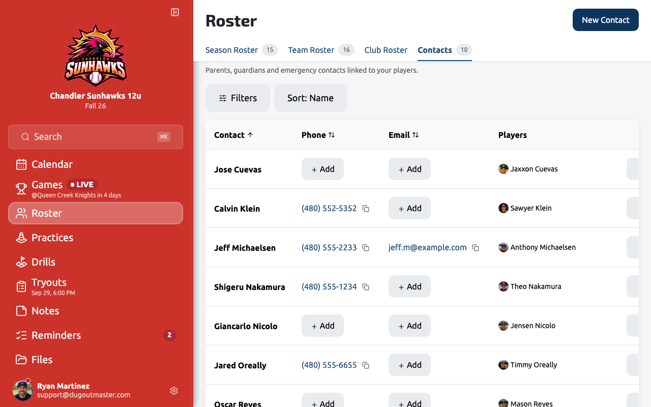 The Contacts directory listing parents and guardians linked to the roster