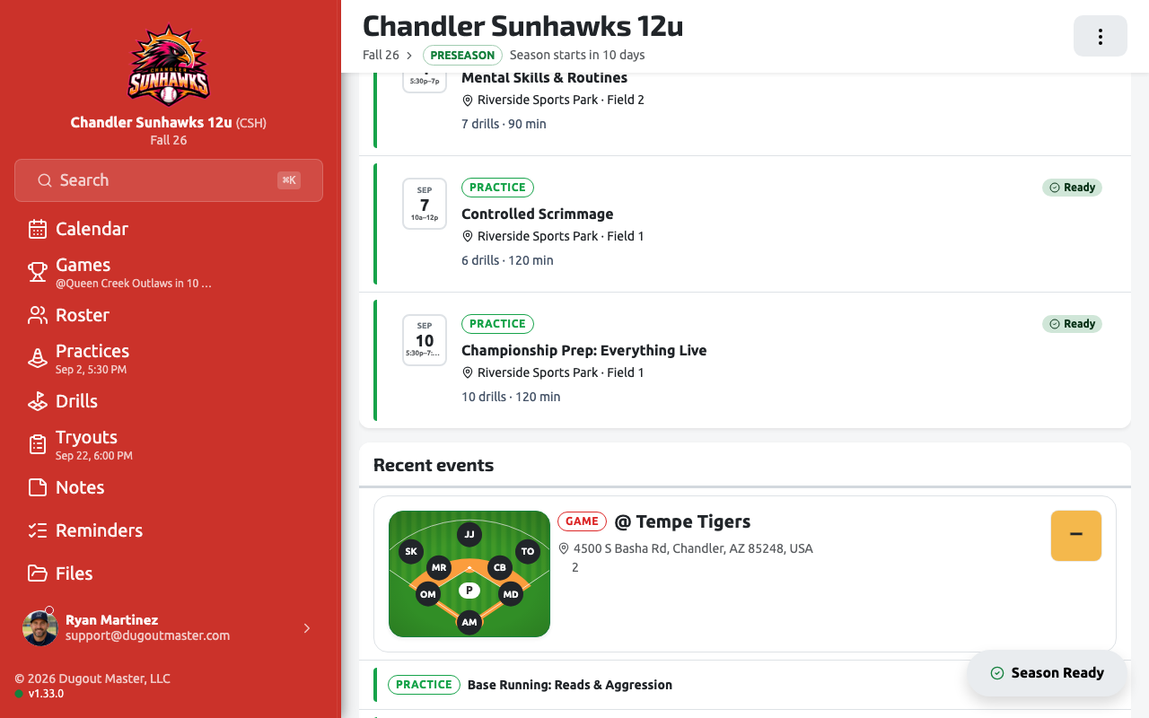 The dashboard scrolled to upcoming practices and recent events
