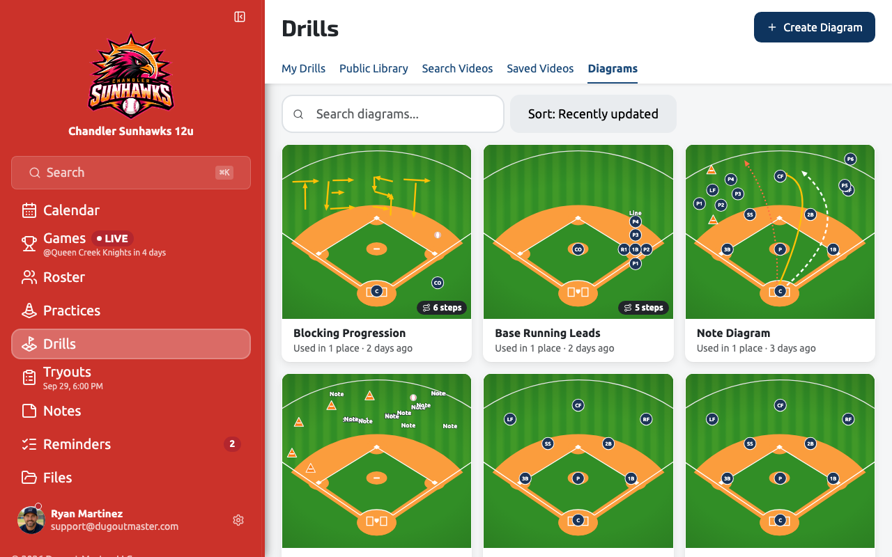 The Diagrams library listing every saved diagram with a live thumbnail