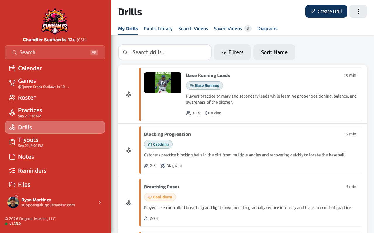 The drill library with the consolidated search/filter/sort toolbar