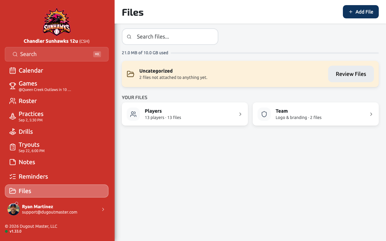 The Files page listing categories of uploaded documents