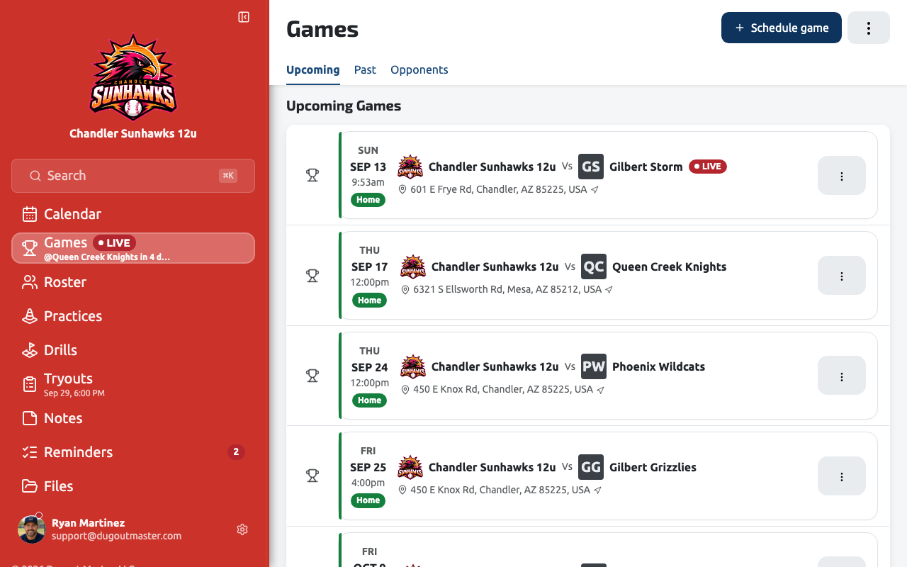 The Games list showing completed games with their final scores
