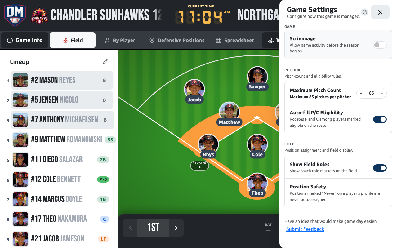 Game Settings, where the opponent, time, venue and game rules are edited