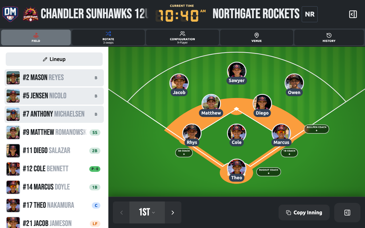 The Game Workspace with the Game Day Command Bar toolbar visible above the field diagram