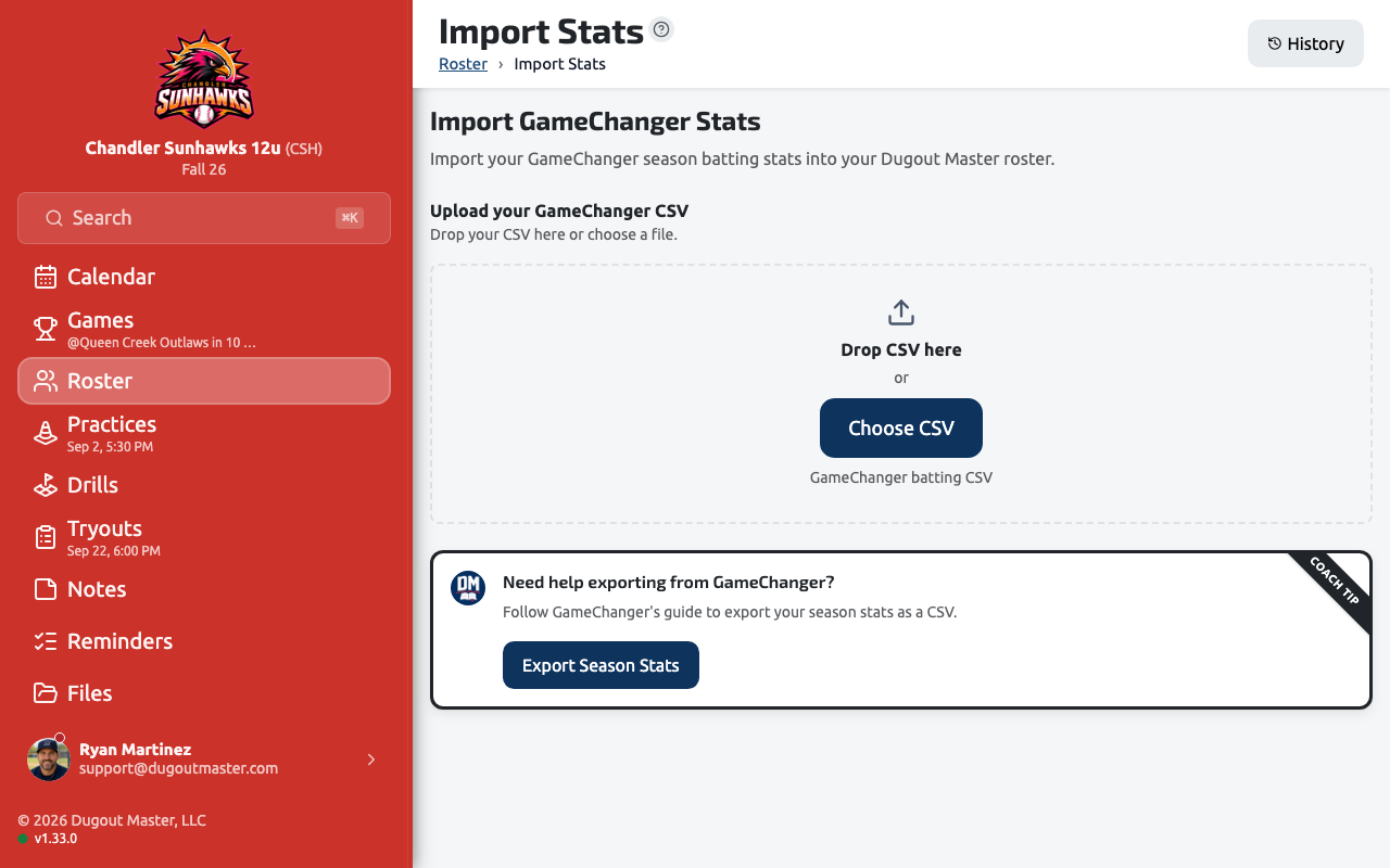The GameChanger stats import screen