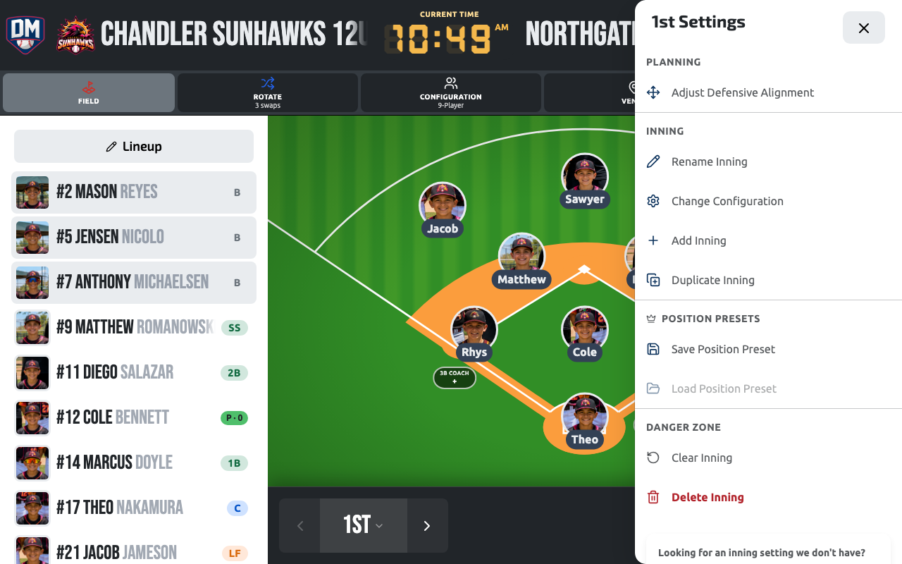 The Game Plan view showing every inning side by side
