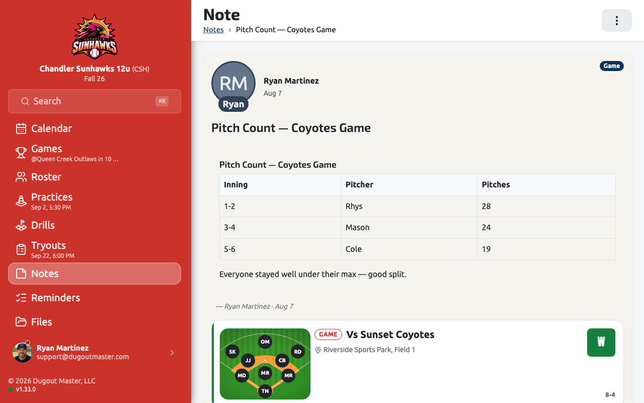 A note opened from the board, with its checklist and the game it belongs to