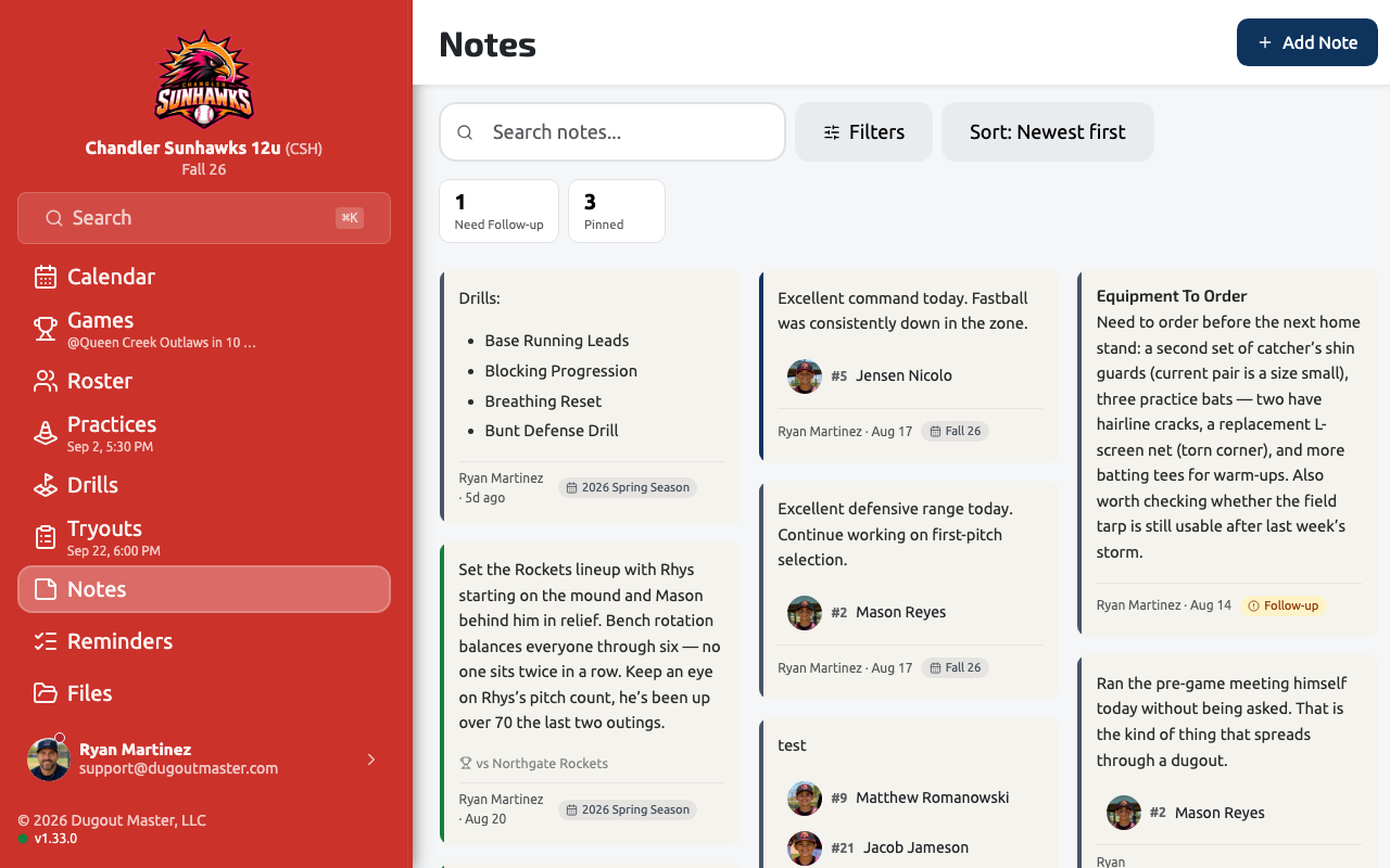 The Notes board with several draggable note cards