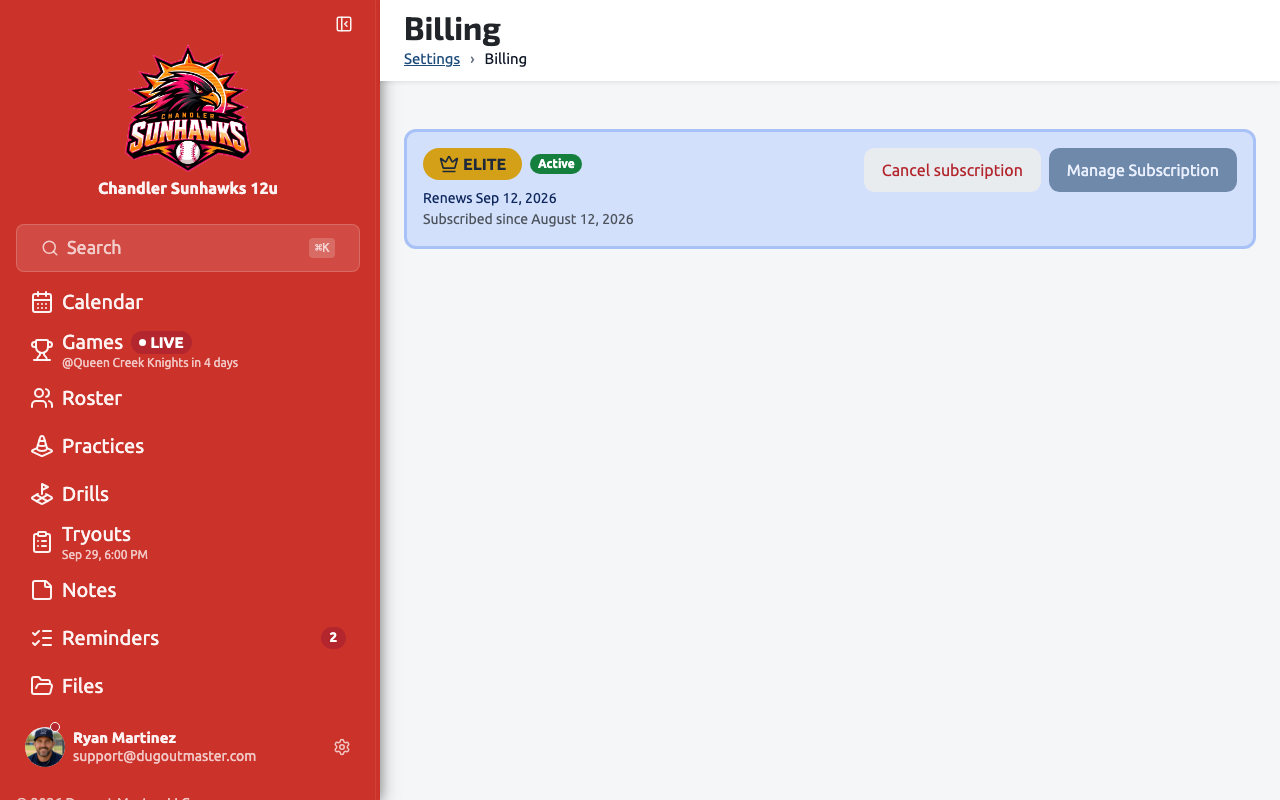 The Billing settings page showing the current plan and upgrade options