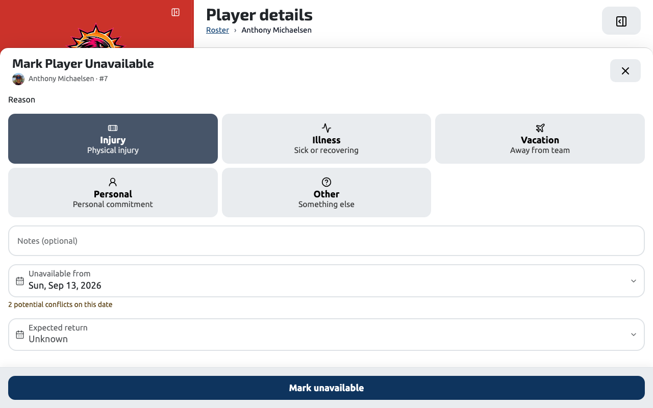 The availability status panel showing a date range and reason