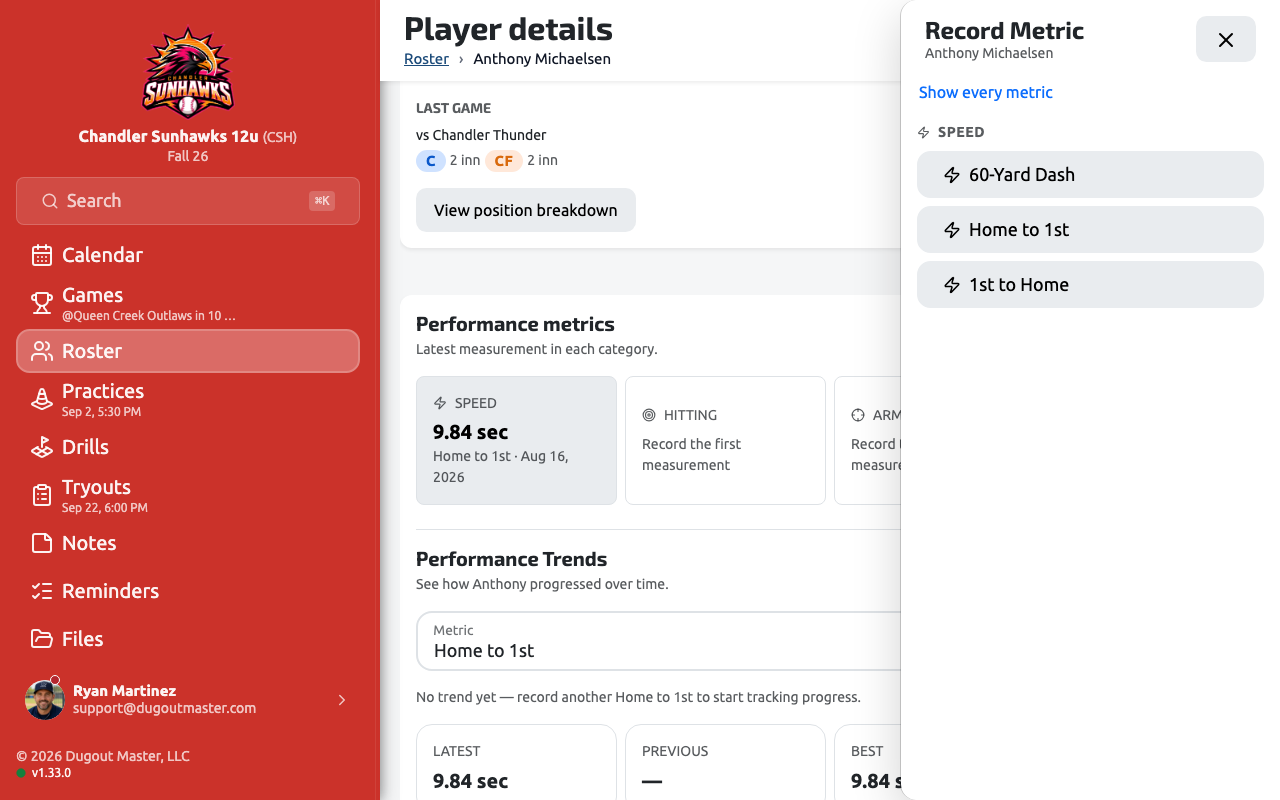 A player’s metrics with recorded measurements and their history