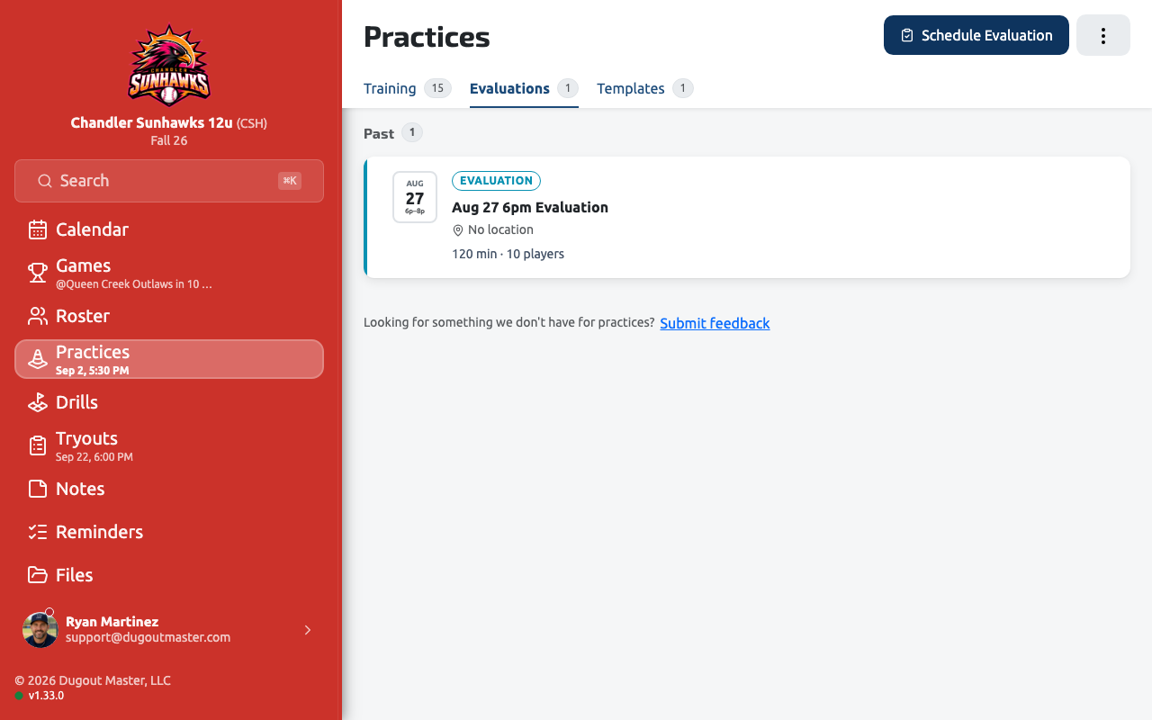 The Evaluations tab, listing evaluation sessions separately from training practices