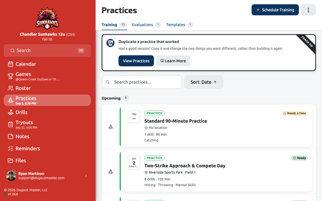 The Practices list showing Training sessions with the coach tip banner