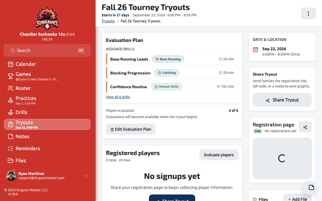 A tryout’s detail page with the public sign-up link and registered candidates