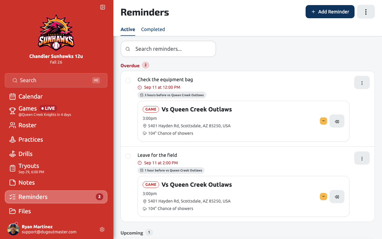 The Reminders page grouped into Overdue, Today, and Upcoming