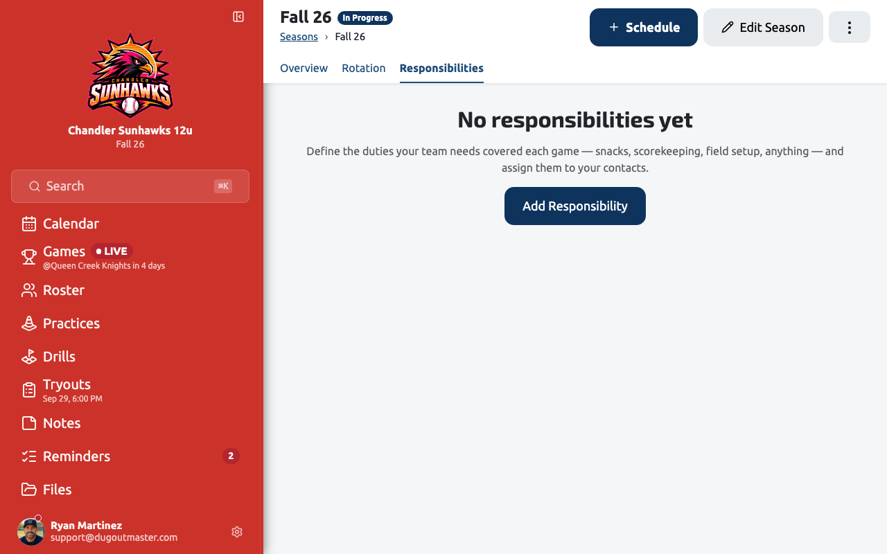 A competition's Responsibilities list showing each duty and who covers it