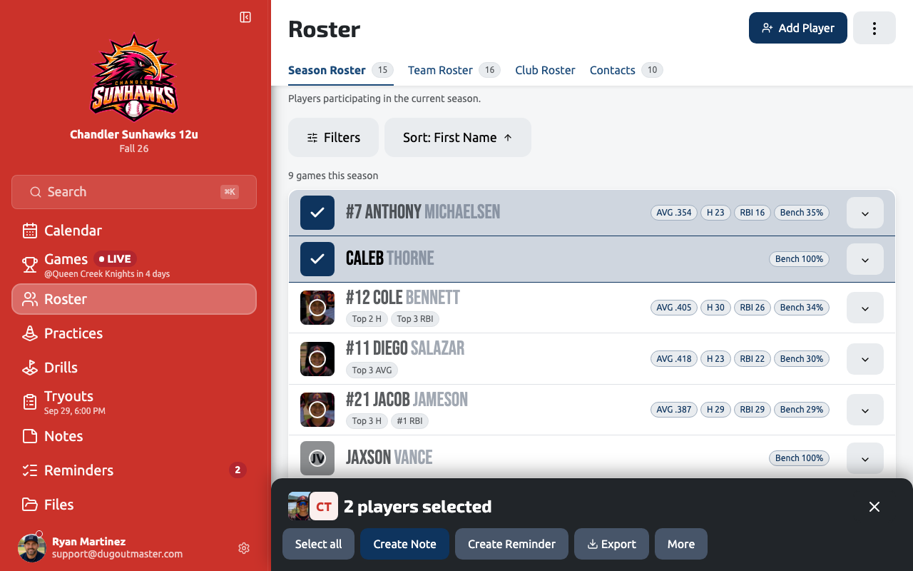 The roster with two players selected and the bulk actions bar pinned to the bottom