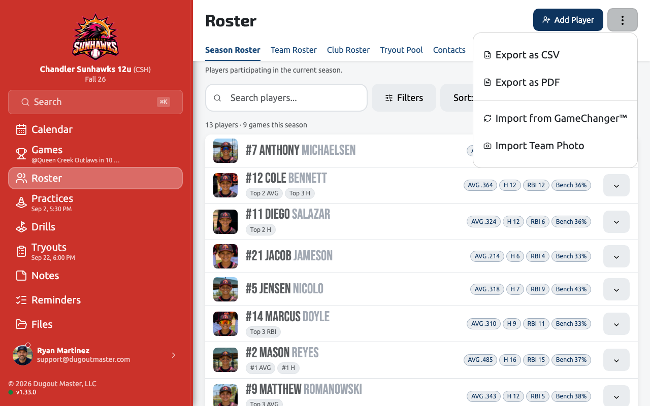 The roster’s import and export actions