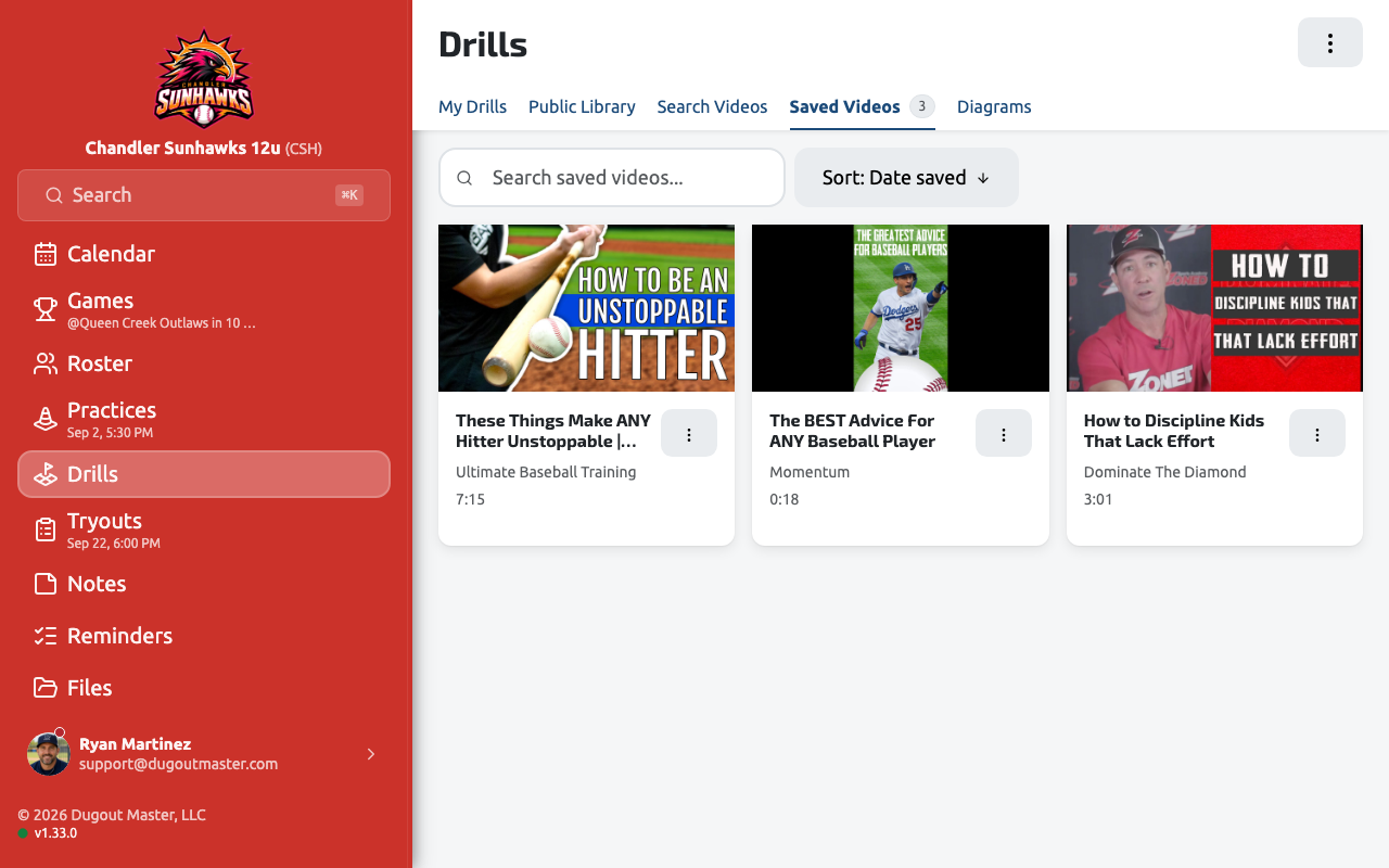 The Saved Videos tab in grid view