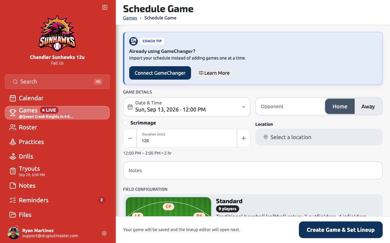 The Schedule Game form with opponent, date, time and venue
