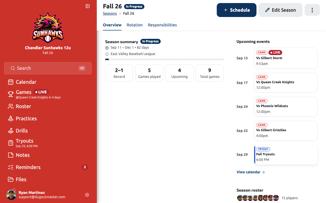 A competition overview showing its roster, schedule and settings