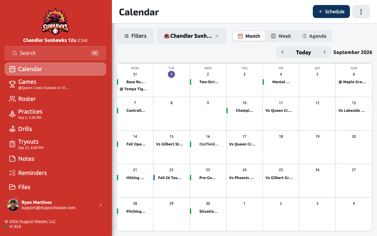 The season calendar in Month view, with the Schedule button in the header