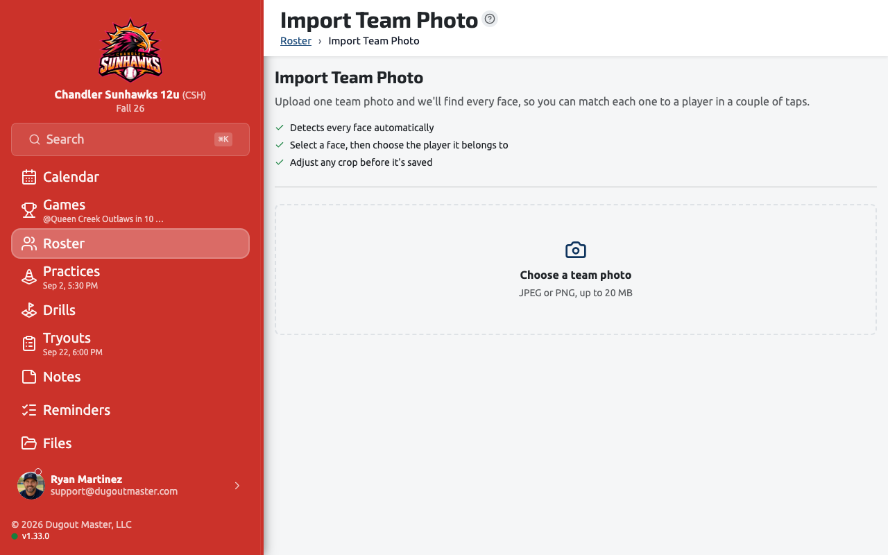 The team photo importer detecting faces to match against the roster