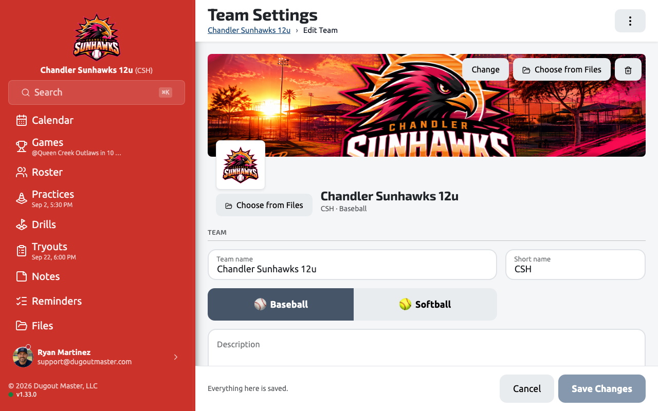 Team settings, where the team name, colors, logo and age group live