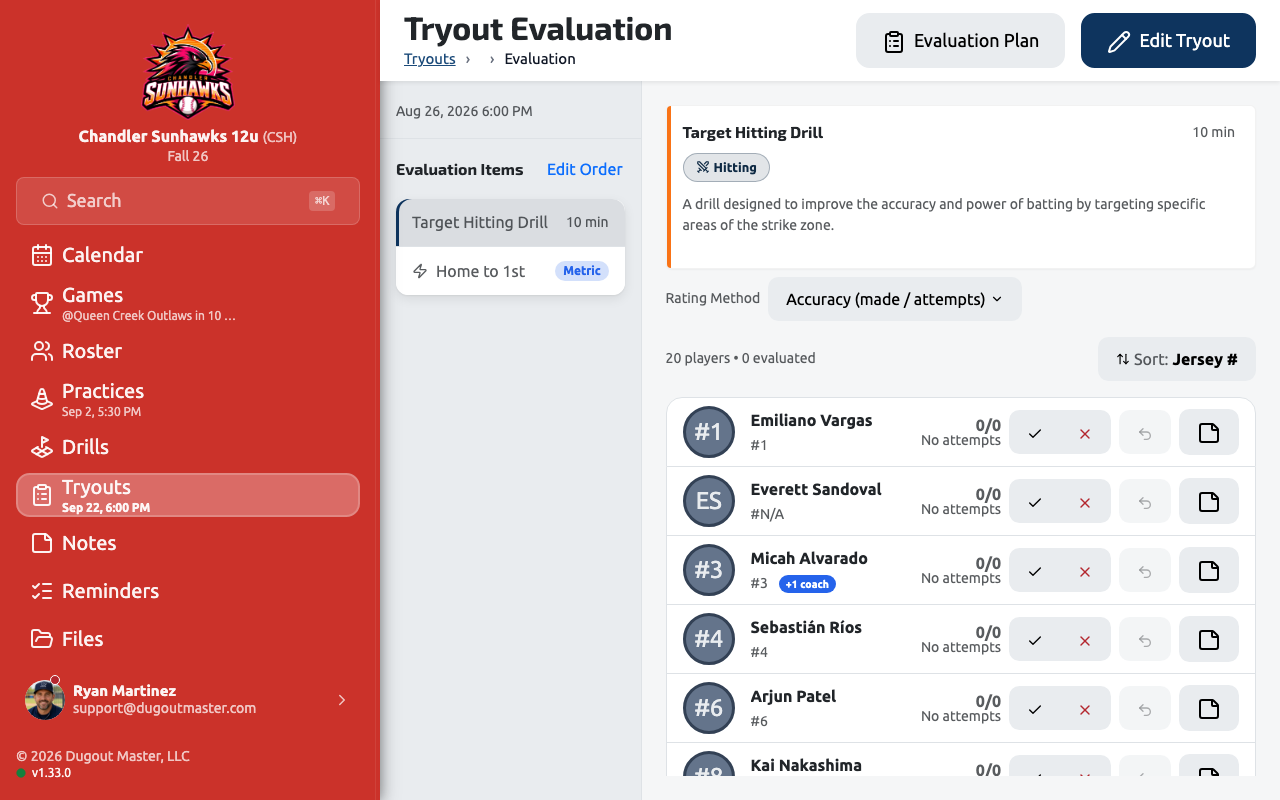 A tryout's evaluation hub showing registered players and evaluation progress