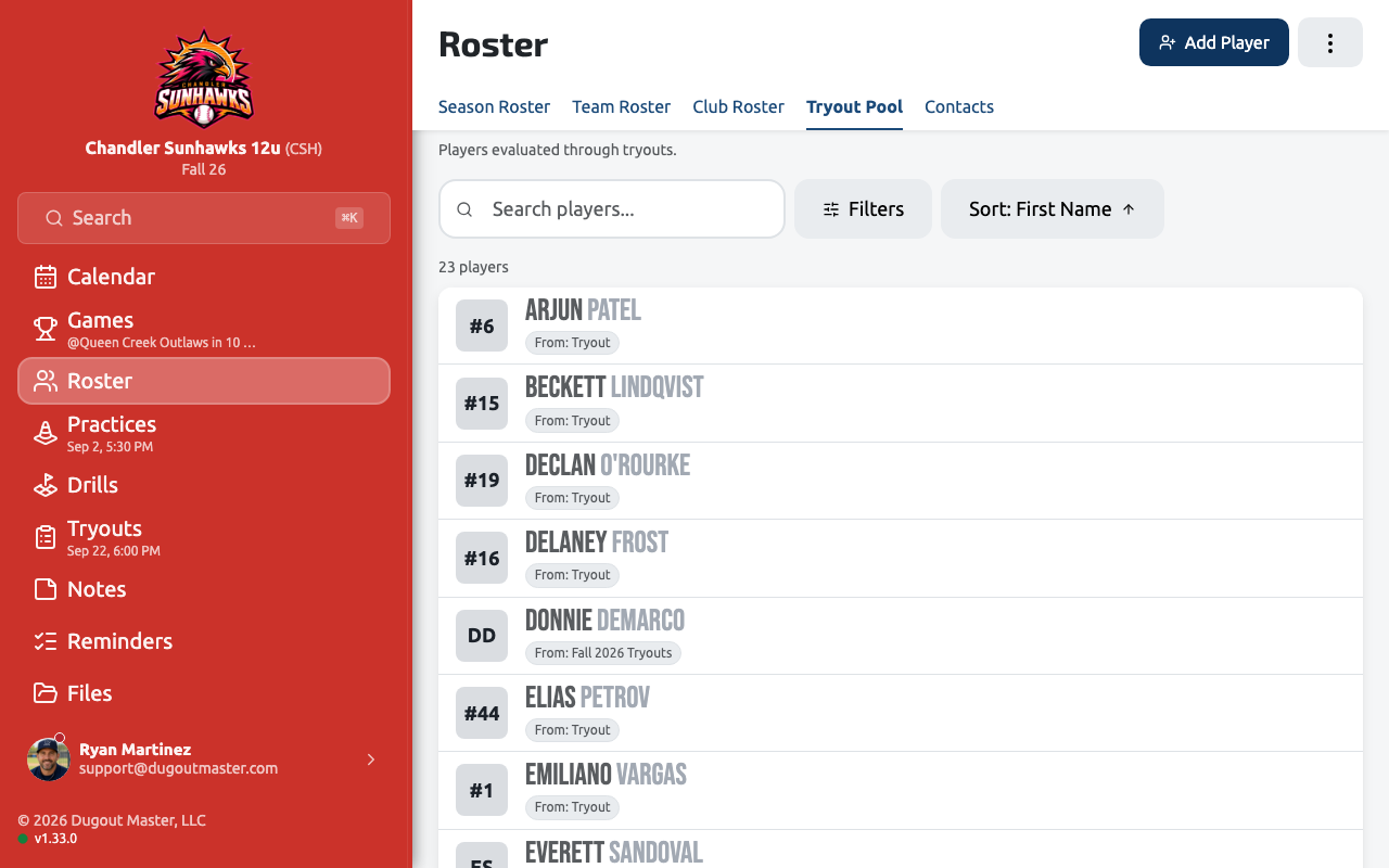 The Tryout Pool roster view listing candidates and which tryout they're from