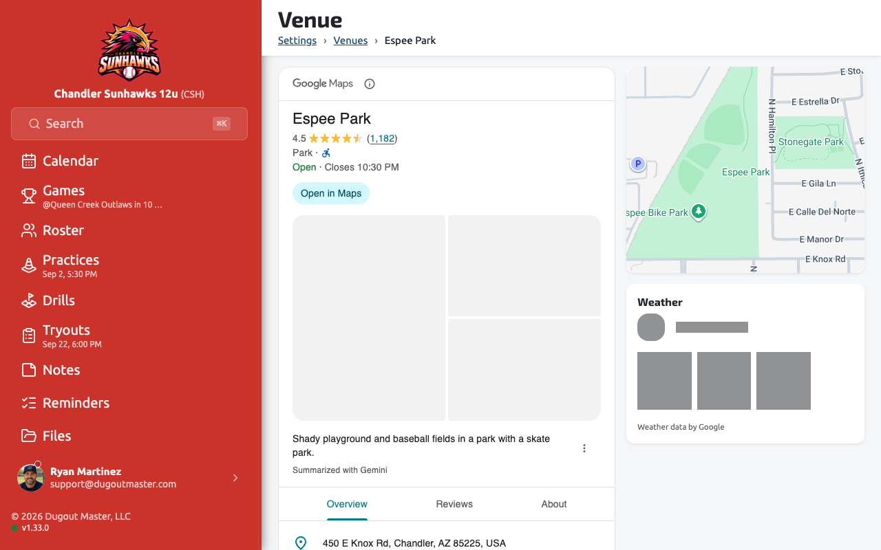 A venue detail panel showing rating, hours, photos, and weather
