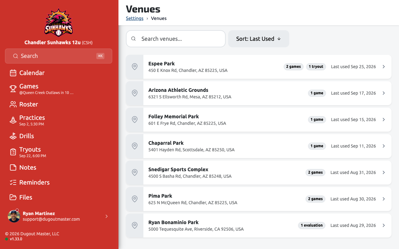 The Venues list showing saved venues with game/tryout counts and last-used dates
